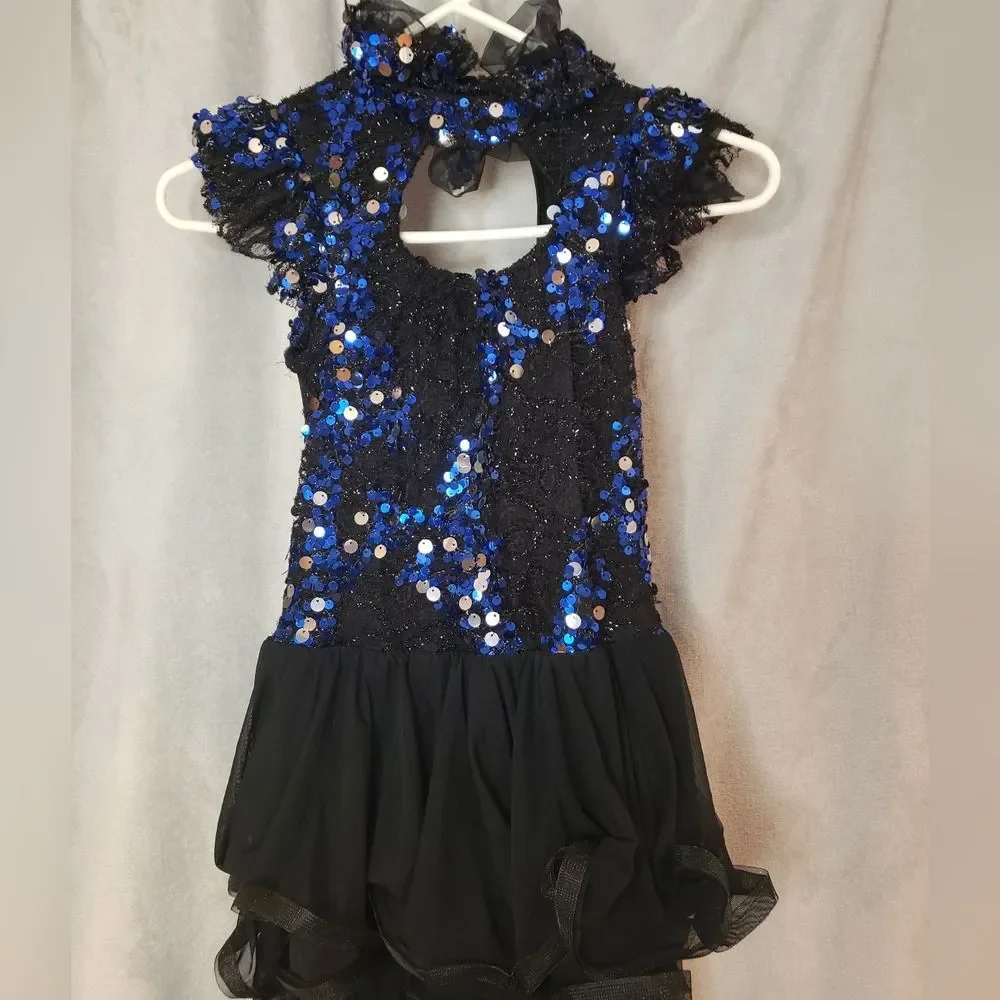 Jazz, Tap, Contempo Dance Costume, Blue sequin with black skirt, Large Child